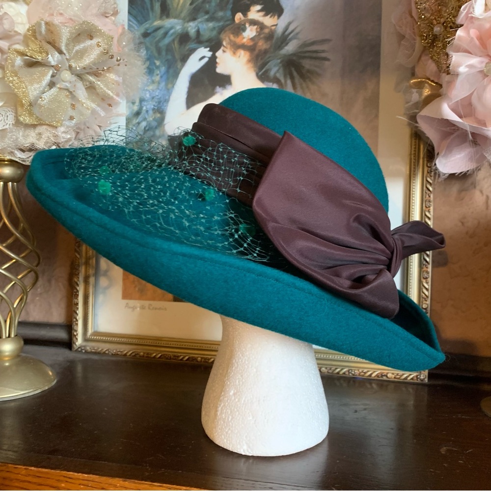 VINTAGE 1980'S MICHAEL HOWARD TEAL AND BROWN WOOL HAT - Picture 6 of 13